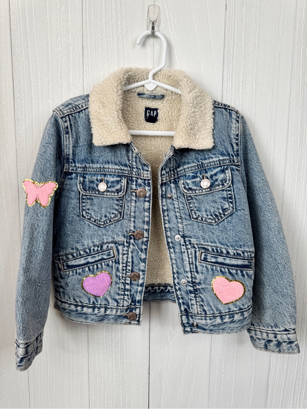 GAP Kids Light Wash Denim Sherpa Jacket with Heart & Butterfly Patches S